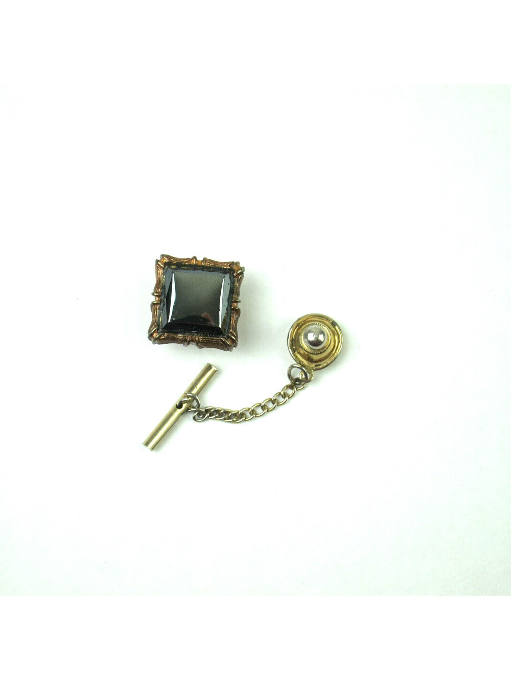Vintage Tie Tack Lapel Pin Square Black Copper Frame Gold Tone Chain Tie Bar